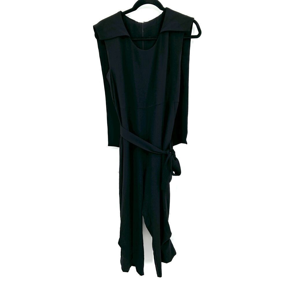 MALIA MILLS Black Crepe Scoop Neck Cape Cropped Leg Sleeveless Jumpsuit Size 6
